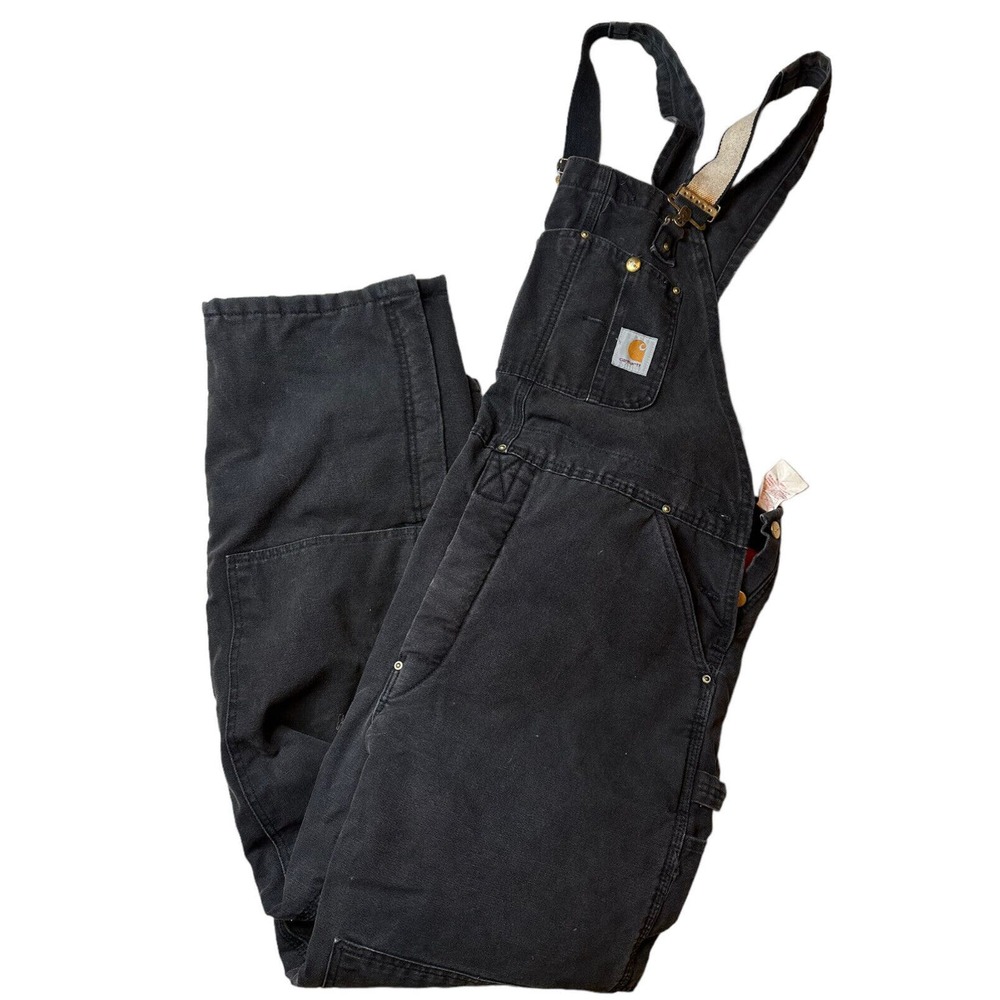 VTG Carhartt USA Distressed Double Knee Black Duck Canvas Overalls Lined 42x32